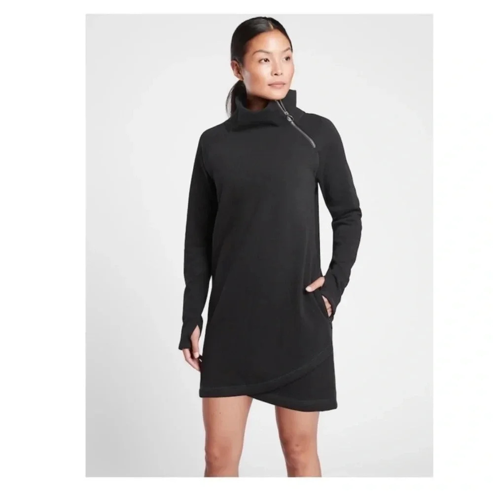Athleta Cozy Karma Asym Sweatshirt Dress Black Athleisure Mini Women's Size XXS